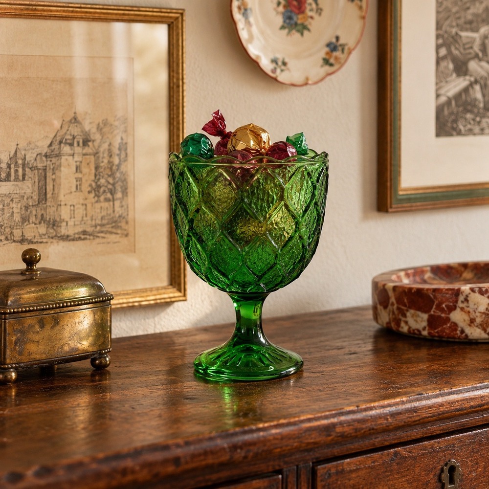 Vintage Emerald Green Glass Compote, Footed Candy Dish, Diamond Pattern